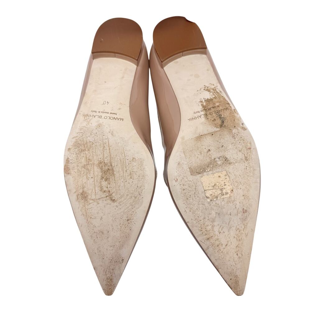 Manolo Blahnik Campariflat Nude Beige Tan Patent Pointed Toe Mary Jane Flats 40 - Picture 6 of 8